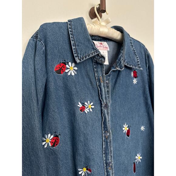 Rare Quacker Factory women's 1x denim button-up shirt embroidered ladybugs - Picture 12 of 12